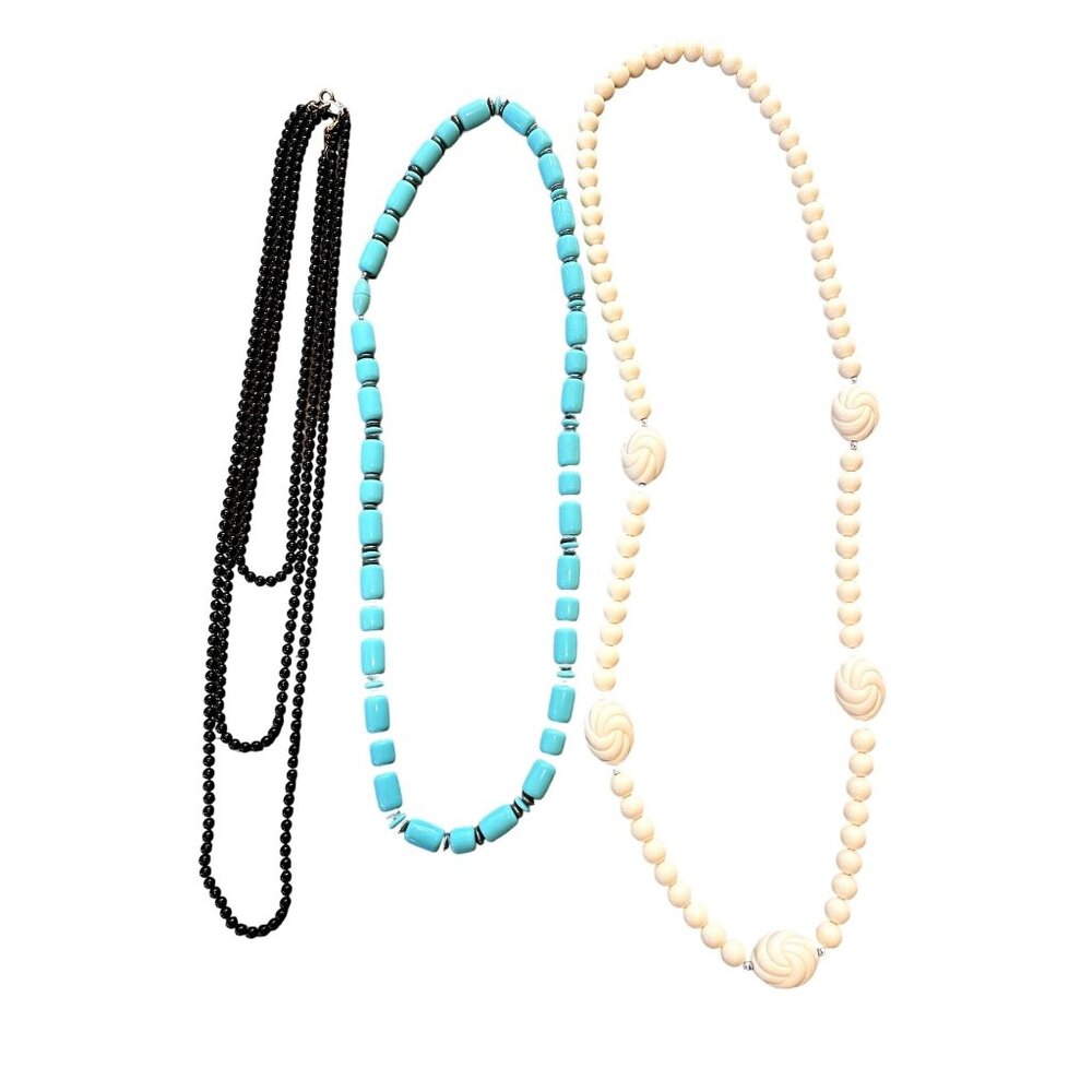 Vintage Avon 90s Plastic Jewelry Necklaces Lot of 3 Turquoise Carved Beads Cream